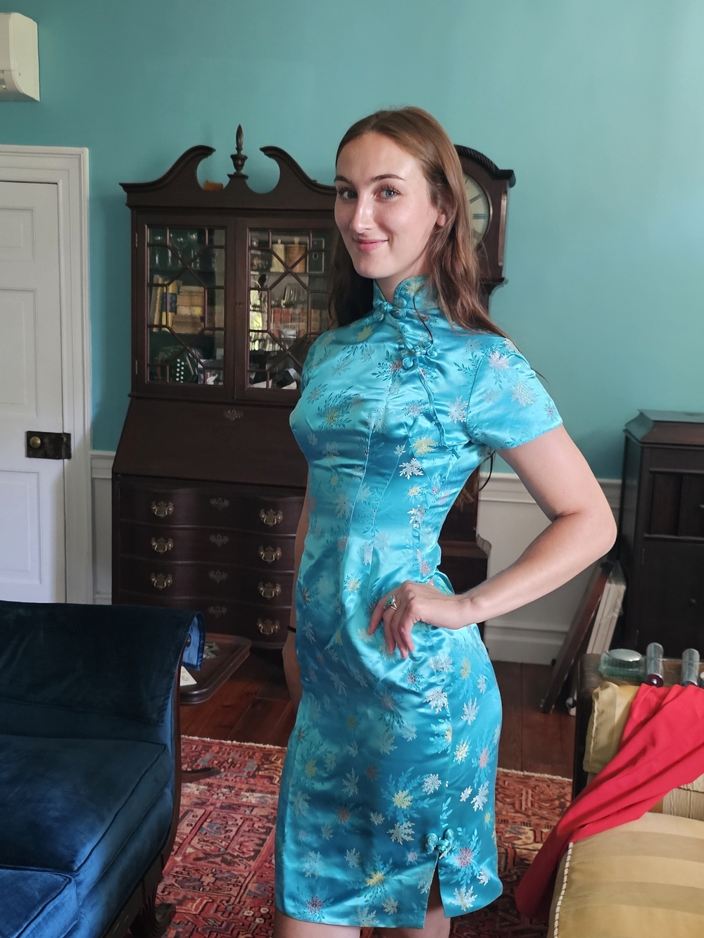 Vintage Turquoise Floral Satin Cheongsam Dress